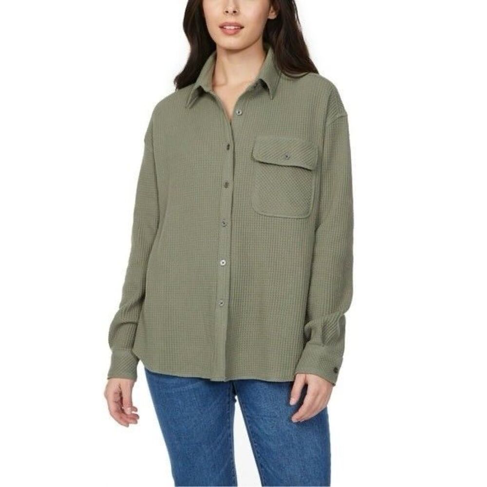 NWT Buffalo Jeans Waffle Knit Oversized Button-Down Top Faded Sage - Size XS